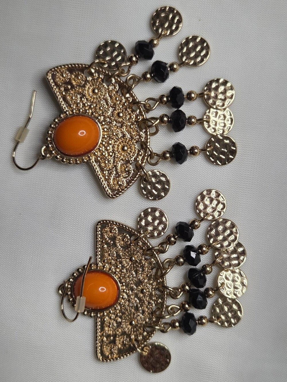 Gold Filigree Dangle Earrings with‎ Orange Cabochon and Black Beads